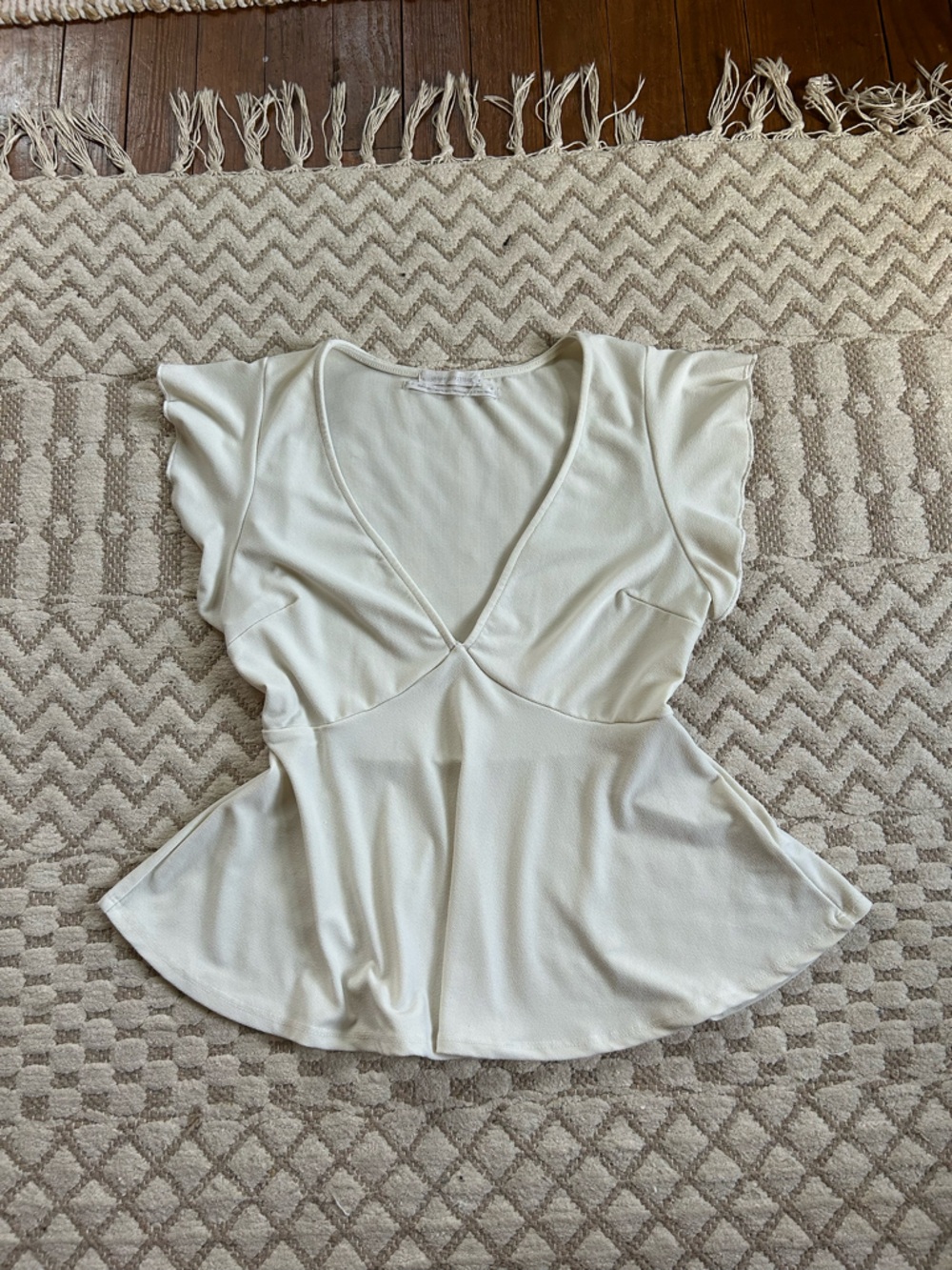 Urban Outfitters Cream V-Neck Flutter Sleeve Peplum Top